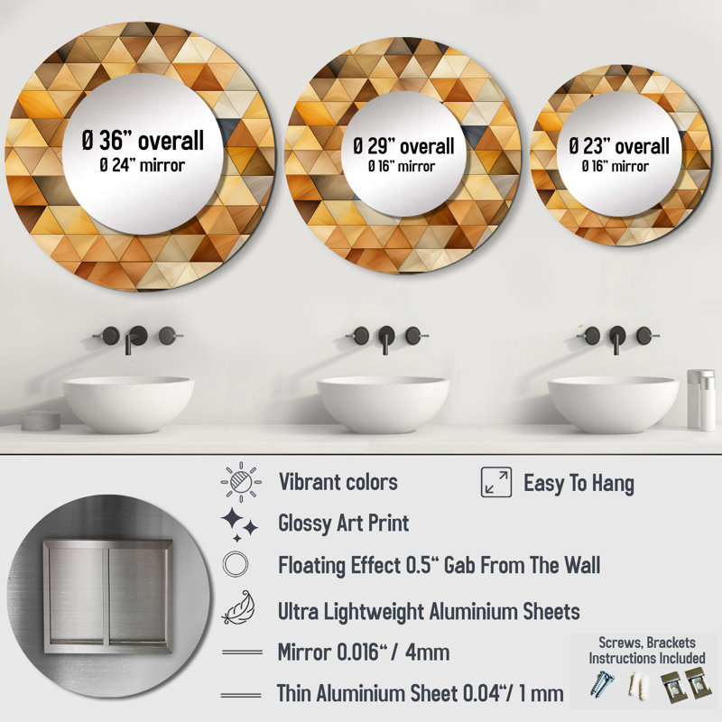 Beige et brun rustique Triangle Vision - miroir géométrique, miroir mural rond beige, impression d'art en métal