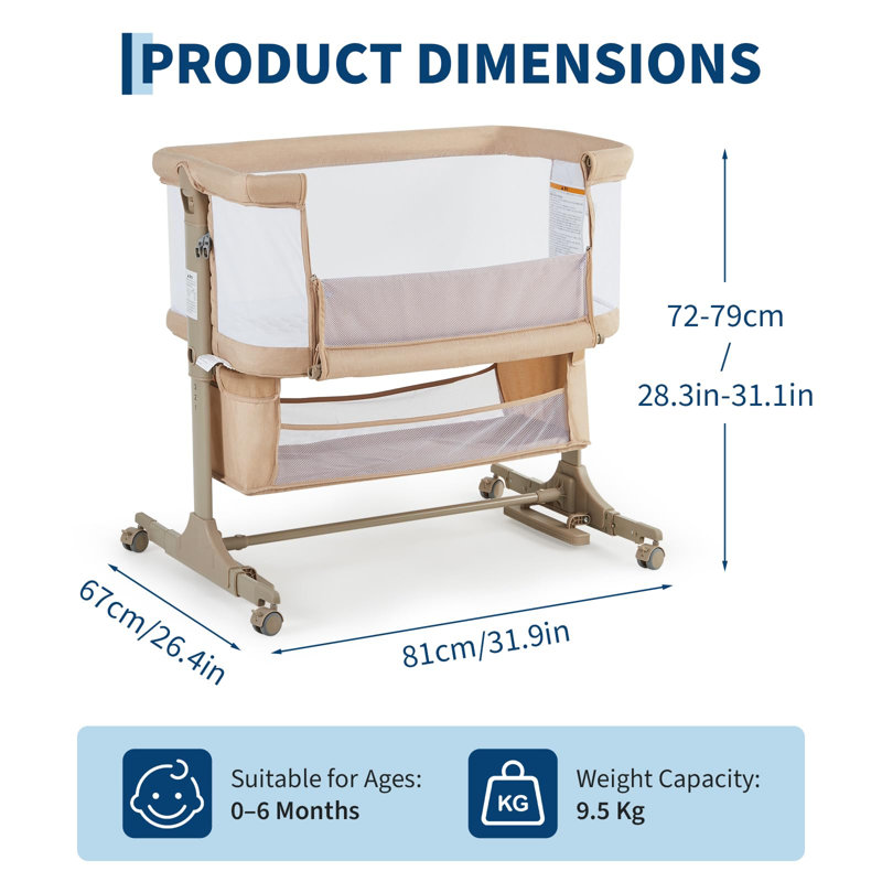 Bedside Bassinet Baby Sleeper, lit de bébé convertible 3 en 1 avec hauteur réglable, moustiquaire, roues, rangement