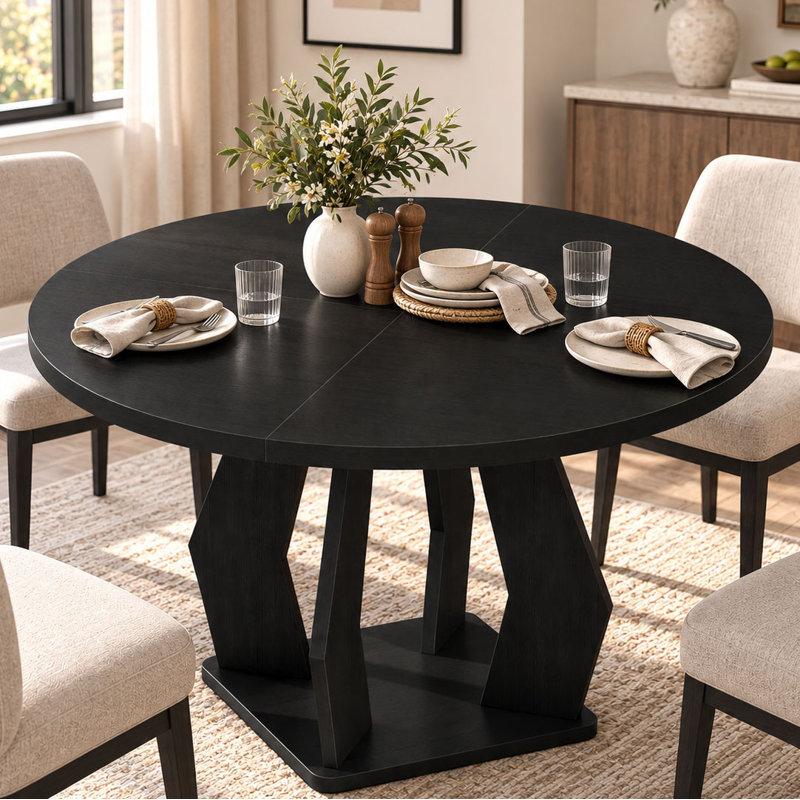 Table de salle à manger ronde de 119 cm (47 po) en bois fabriqué avec pied sculptural, Black