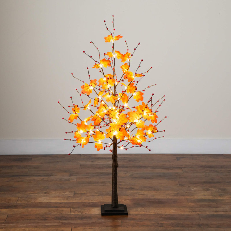 Pre-Lit Autumn Maple Artificial Fall Tree With Berries And 96 Warm White LED Lights, 48" H x 18" W x 16" D