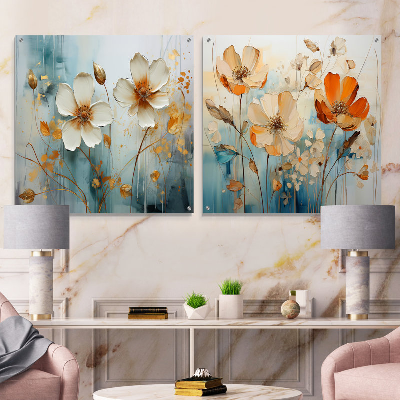«Yellow Botanical Collage I», ensemble de 2 verres muraux abstraits en acrylique, H 36 po x l 73 po