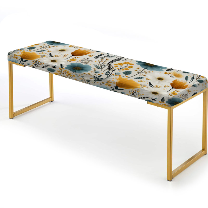 Banc floral rembourré or, Sérénité jaune et bleue en fleurs nordiques