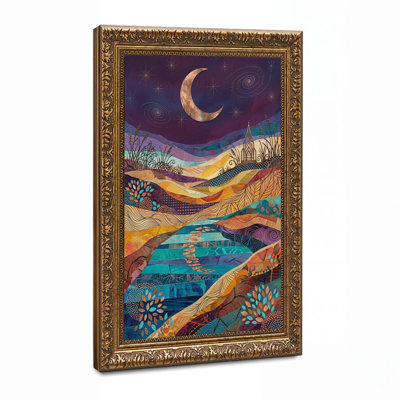 Toile étoilée, paysage avec croissant de lune et montagnes à motifs