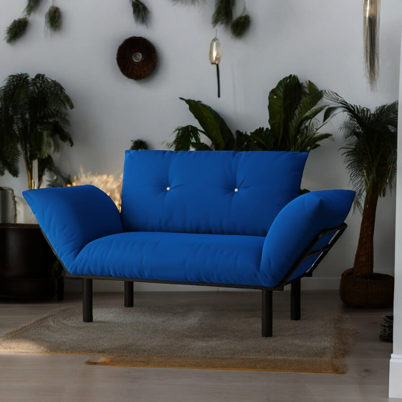 Causeuse bleue - futon compact pour les petits espaces de vie et les chambres à coucher. Les pieds hauts permettent un nettoyage facile. Canapé avec accoudoirs Assemblage avec guide inclus. Aucun outil supplémentaire requis