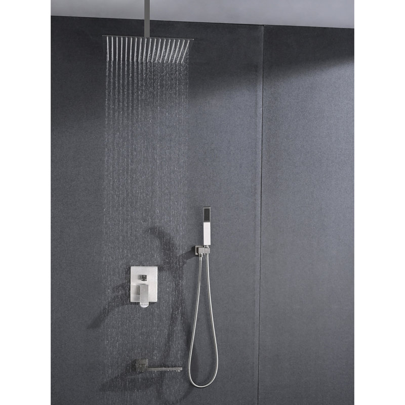Ceiling Mounted Shower System - Brushed Nickel Stainless Steel With Handheld And 16" Head For Natural Rainfall Experience Self-Cleaning Nozzle Protection