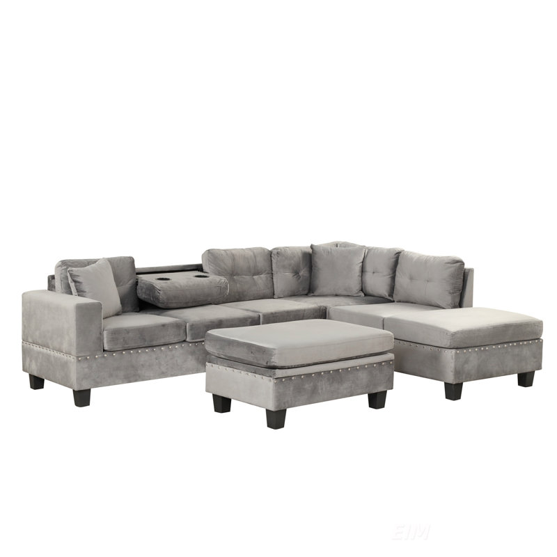 Canapé modulaire moderne en L avec repose-pieds de rangement et méridienne réversible, comprenant 2 coussins et porte-gobelets pour le salon, gris