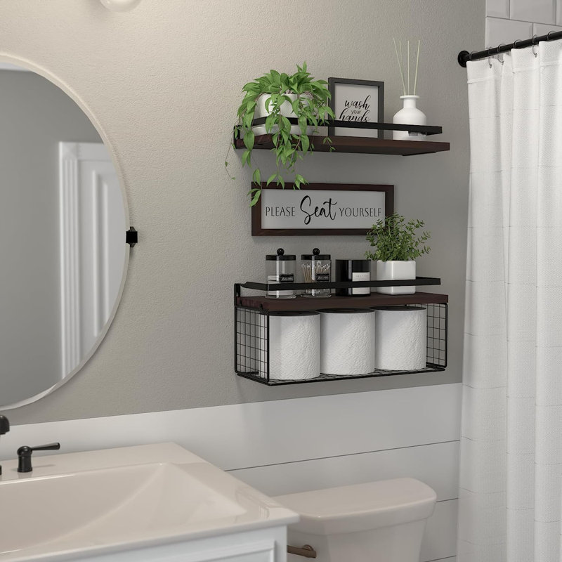 Tablettes flottantes avec décoration murale, tablettes de salle de bain au-dessus de la toilette avec panier de rangement en fil métallique, tablettes murales en bois avec garde-corps en métal