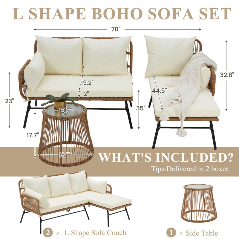 Outdoor L-Shaped Patio Rattan Furniture Set, 3-Piece Conversation Set, Brown/Beige