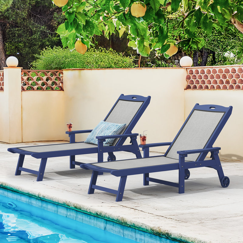 Plastic And Textilene Adjustable Patio Outdoor Chaise Lounge Chairs With Wheel Adjustable Textilene Recliner, Navy
