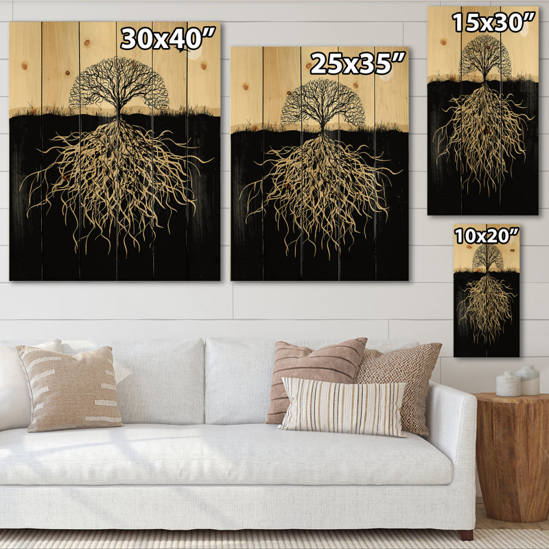 Silhouette d'arbre avec racines - impression traditionnelle sur bois de pin naturel, H 20 po x l 10 po x P 0,78 po