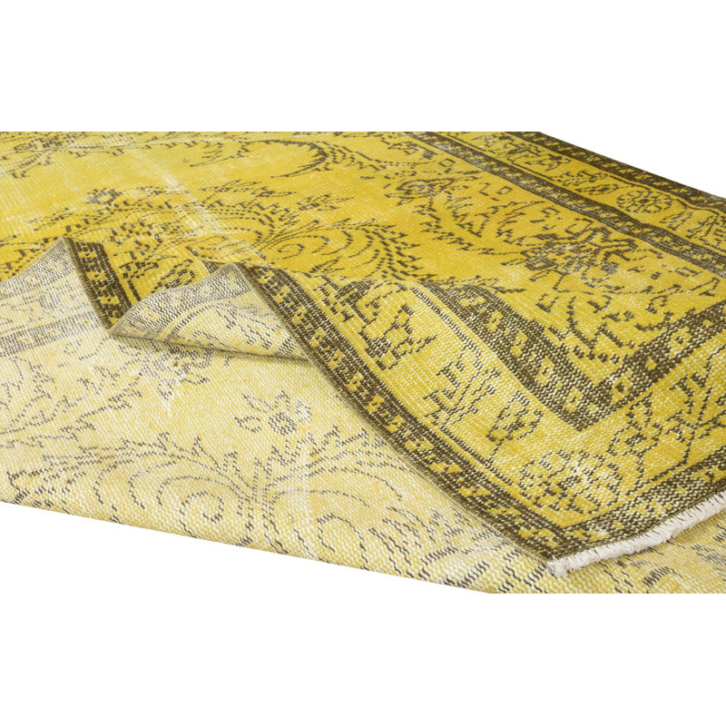 Tapis jaune surteint à motif de médaillon 5,4 x 9 pi, tapis turc moderne fabriqué à la main