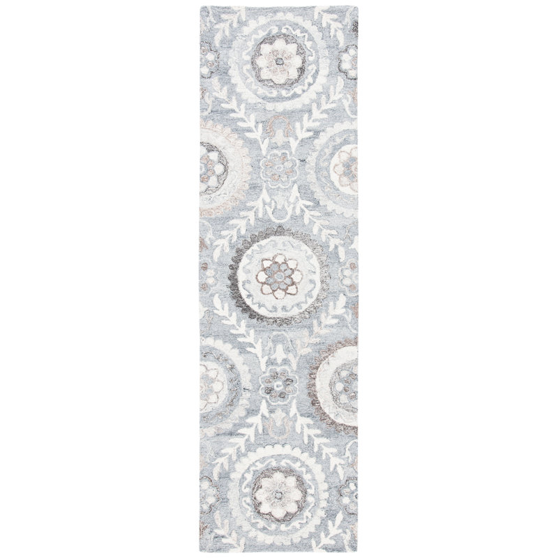 Tapis floral en laine et coton touffeté à la main avec tissu en latex Roussel, 2 pi 3 po x 8 pi