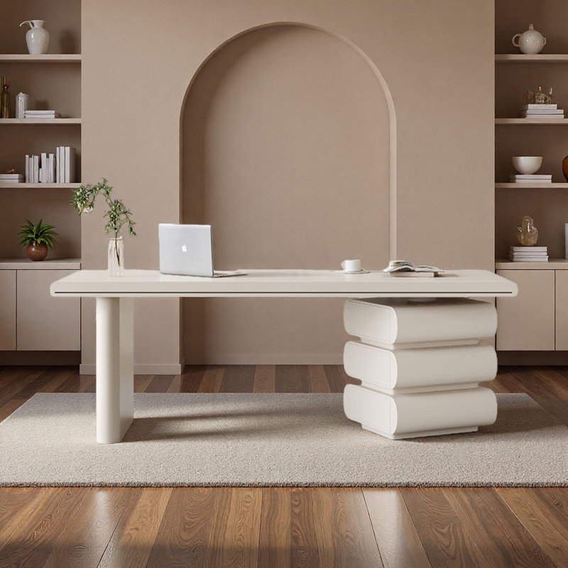Bureau moderne crème avec travail spacieux, H 29,5 po x l 70,9 po x P 27,6 po