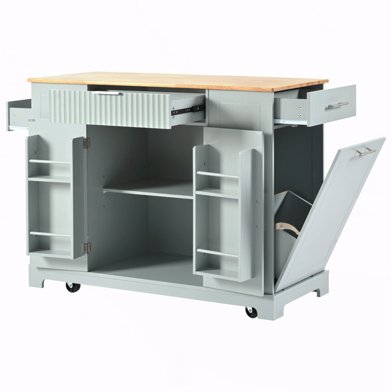 Rolling Kitchen Island with Wood Top & Trash Can Storage Cabinet,Kitchen Islands Cart On 5 Wheels, Blue