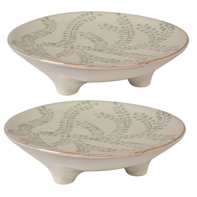 Hand-Painted Stoneware Footed Platters With Botanical Motifs