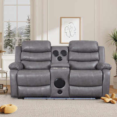 68.89'' Faux Leather Loveseat Manual Reclining Home Theater Sofa With LED Lighting, Built-In Speakers & Storage Console
