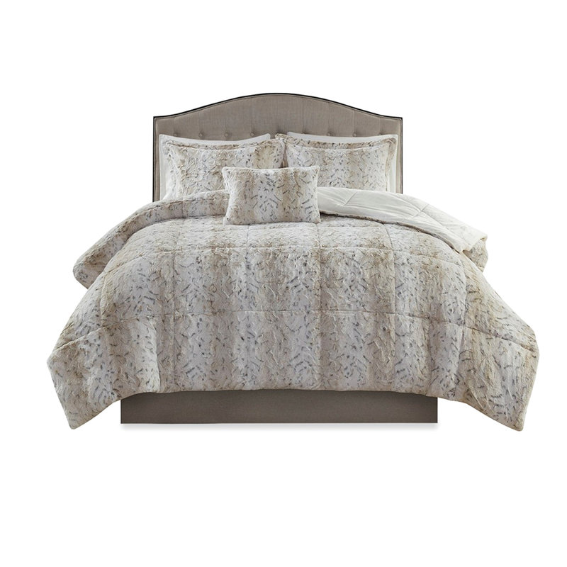 Faux Fur Comforter Full/Queen - Grey, Static-, King Comforter + 3 Additional Pieces, Beige Brown