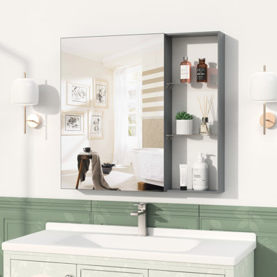 Armoire à pharmacie de salle de bain 30 po x 28 po avec miroir, matériau en aluminium, ouverture silencieuse, plusieurs compartiments, miroir et rangement brun noir, structure, hauteur réglable, charnières,