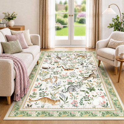 Tapis de couloir fleuri à motif de chat mignon, antidérapant, lavable, doux, à poils courts