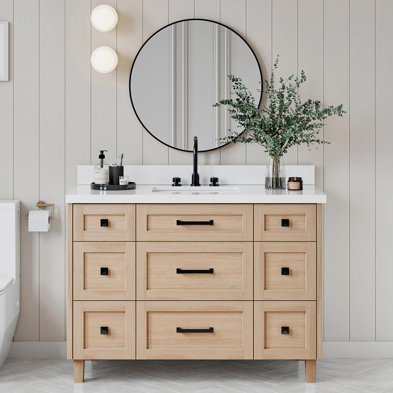 ARIEL Monroe 61 Single Sink Bathroom Vanity with Pure Quartz Top, Oak, 61"