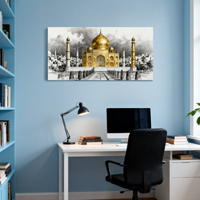 Scénario et paysages urbains Golden Taj Mahal sur fond noir et blanc