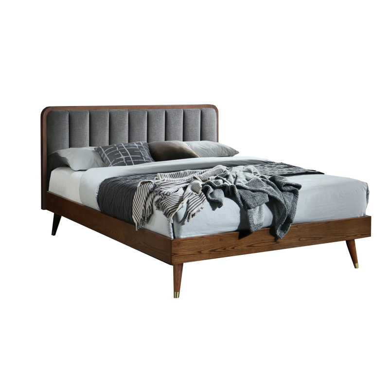 Mid - Century Inspired Queen Size Bed Frame, Solid Wood And , Gold Tone Legs, Slat Support For Comfort Bed: Linen Upholstered,