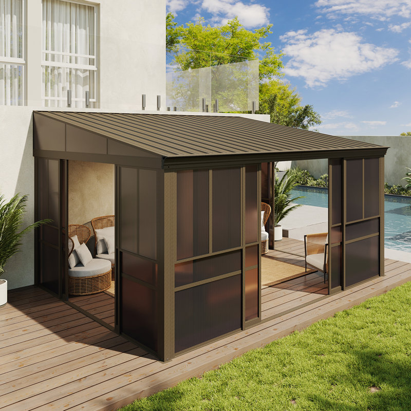 Pavillon de jardin mural avec moustiquaire coulissant, toit en métal et cadre en aluminium