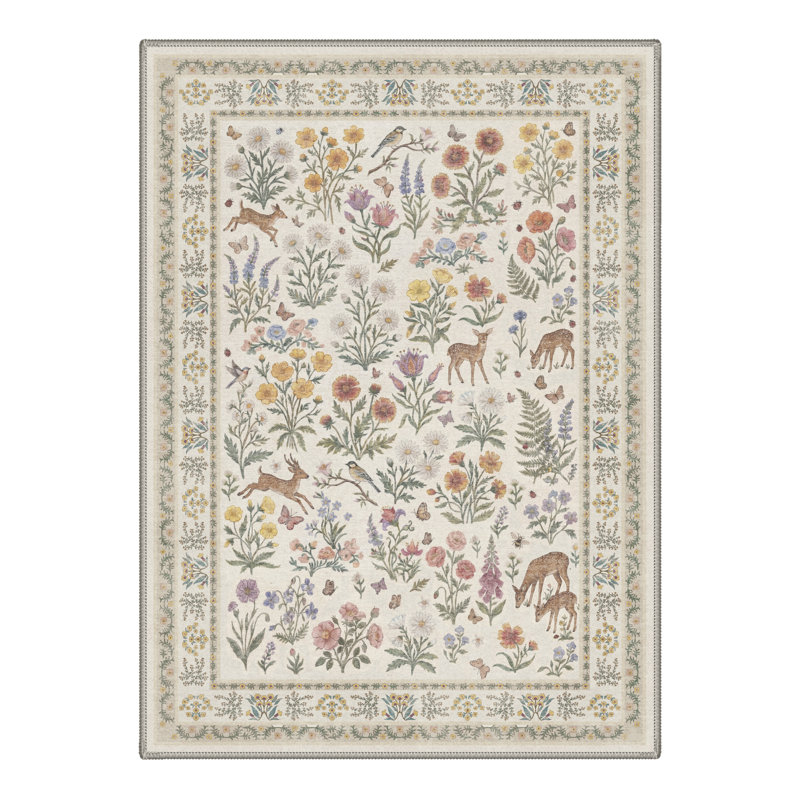 Floral Deer Vintage Machine Washable Beige / Green Indoor Area Rug with Non-Slip Backing, Rectangle 8' x 10'