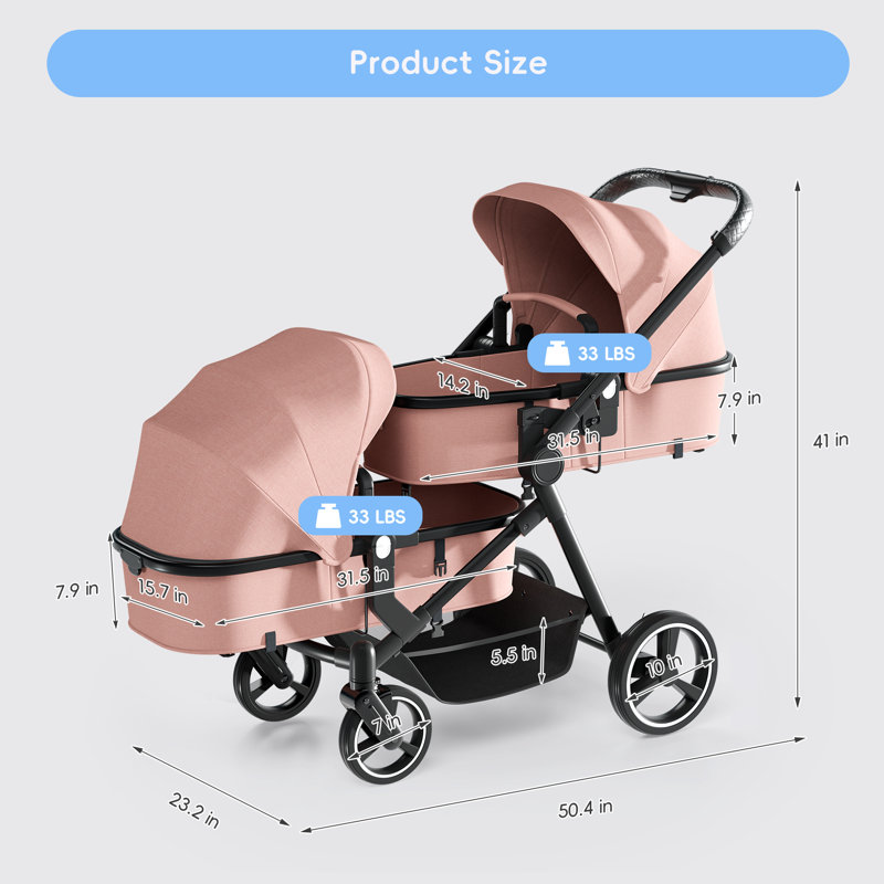 Foldable Twin Stroller With Adjustable Backrest, Pink