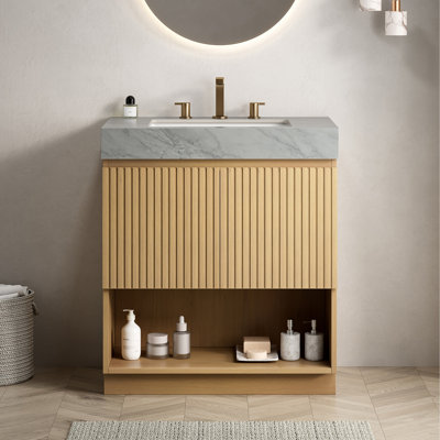 Meuble-lavabo 30 po, meuble autoportant, comptoir en pierre frittée gris Carrara et lavabo en céramique avec 3 trous de robinet pré-percés, démonté, robinet et drain exclus, couleur grain de bois de chêne Corolla