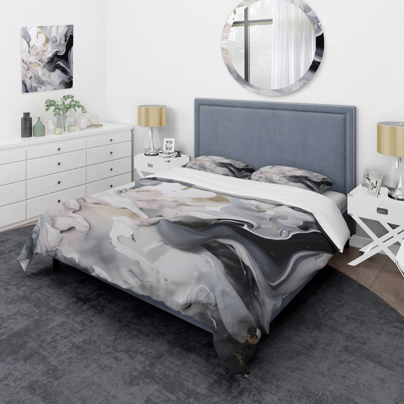 Ensemble de housse de couette blanc et gris captivant en microfibre / polyester Marble II