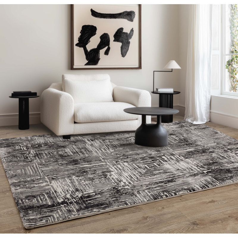 Brenetta Geometric Shapes Charcoal Area Rug, Rectangle 80 x 150cm