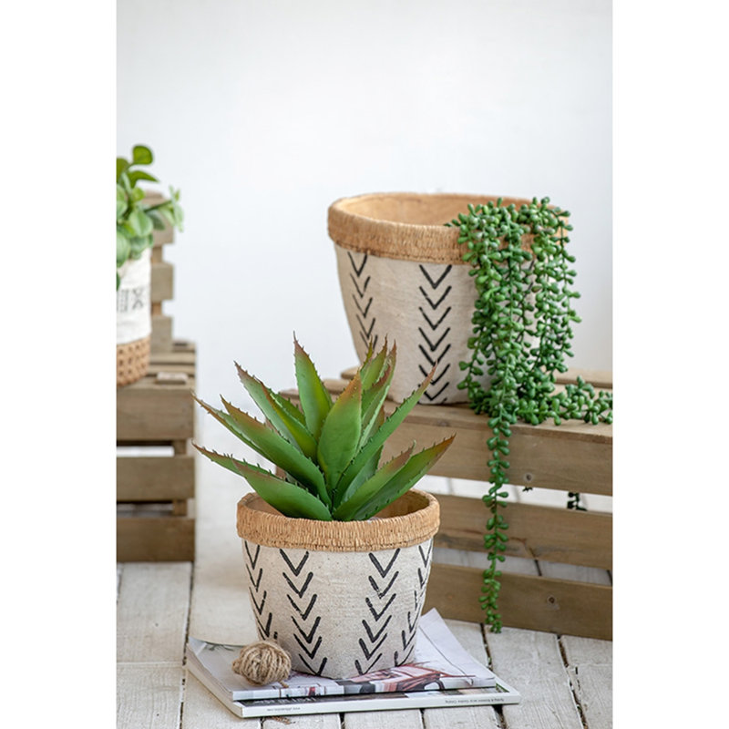 Avanna Pair Of White And Brown Cement Planters With Eye - Catching Black V Pattern, Large 10.2X10.2X7.9 Inches, Small 7.9X7.9X6.7 Inches Enhance Your Floral Arrangements In Scandinavian Decor 2 Made From