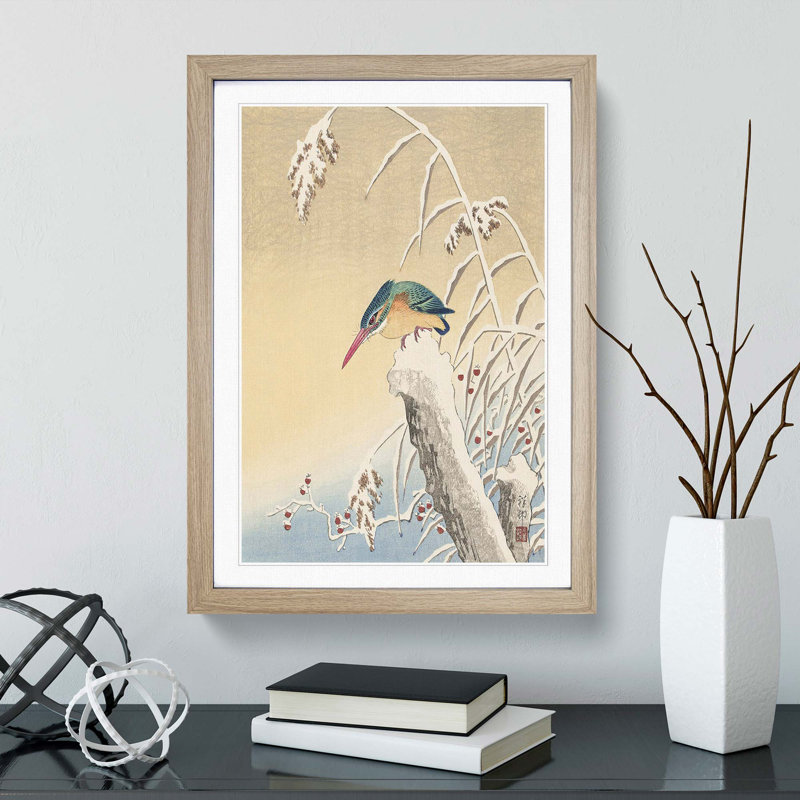 Kingfisher in the Snow by Ohara Koson - Picture Frame Art Print, 48cm H x 36cm W x 2cm D, Oak Framed