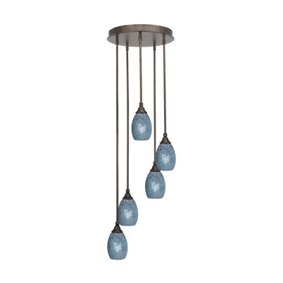 Aleily 5 Light Stem Hung Cluster Pendalier Shown With 5" Turquoise Fusion Glass