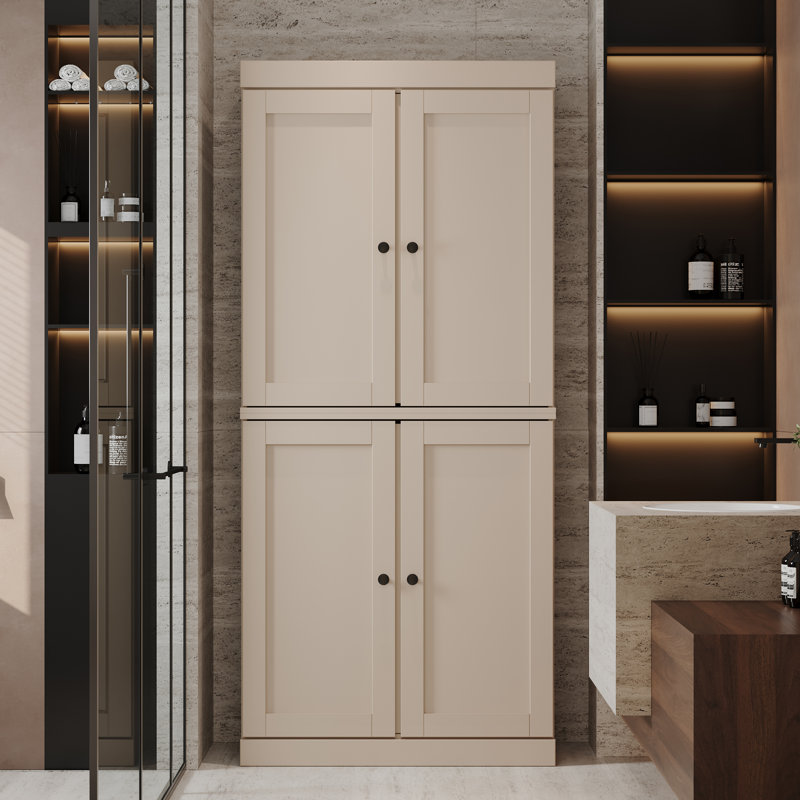 100% Solid Wood 32" Bathroom Storage Cabinet with Shaker Doors & Adjustable Shelves, Beige