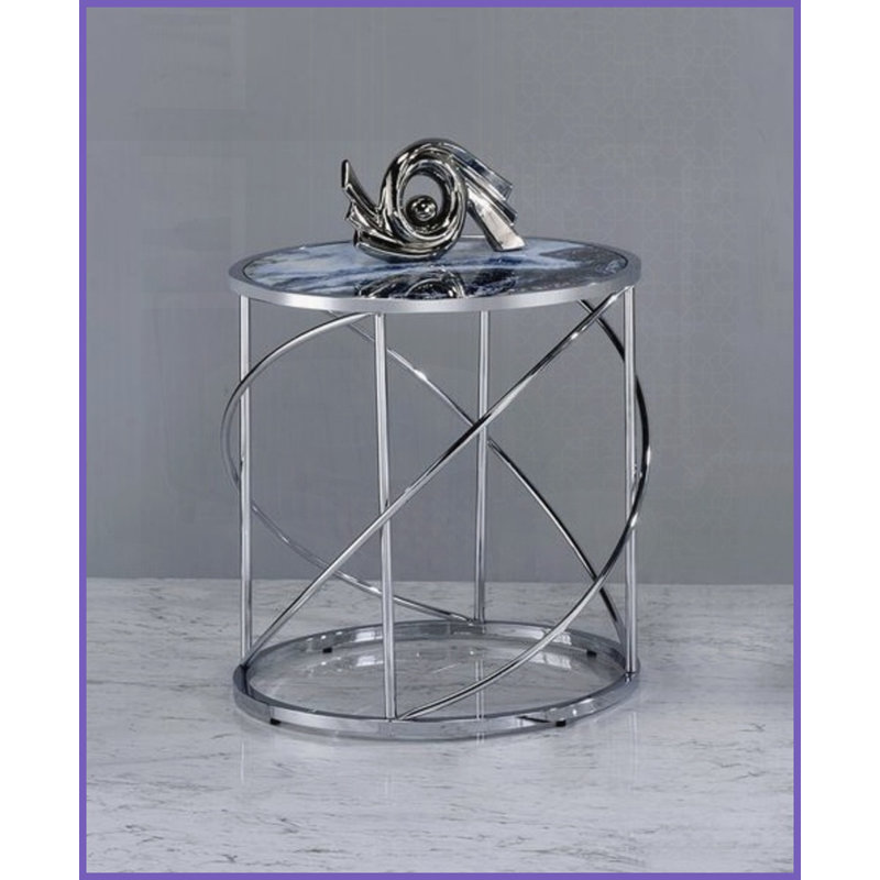 Table basse en marbre bleu avec base en métal chromé complexe, plateau de 20 mm d'épaisseur facile à nettoyer pour le salon