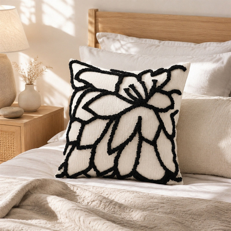 Housses de coussin décoratif en chenille 18 x 18 po, motif floral touffeté, Black