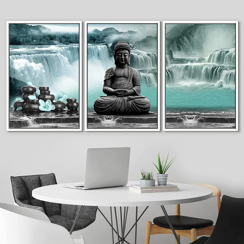 «Green Zen Waterfall Buddha», impression sur toile encadrée, Blanc, H 36 po x l 72 po