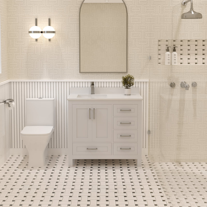 Rooh 36 " W Freestanding Standard 1 Single Vanity Bathroom Vanity With White Quartz Top, White