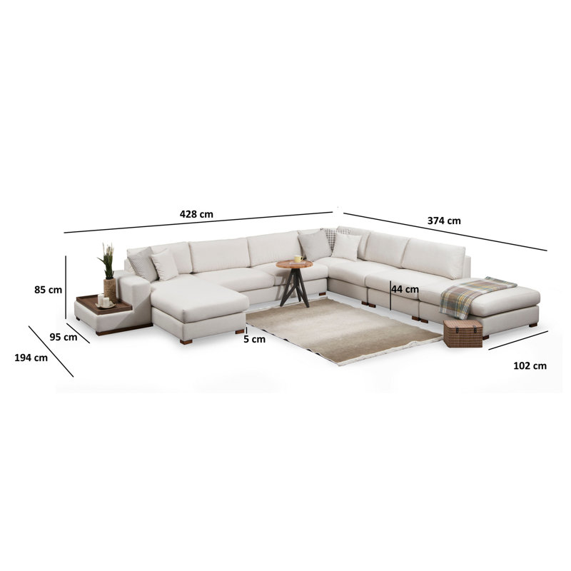 Élégant canapé d'angle avec pouf 123,6 po x 140,6 po x 33,5 po | Structure en bois de hêtre, tissu 100% polyester, pieds en noyer | Comprend 5 coussins moelleux (17,7 po x 17,7 po) | Nettoyage à sec, conception scandinave pour les salons modernes