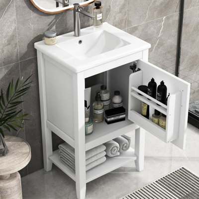 Meuble-lavabo blanc de 20 po avec lavabo simple, armoire, support de rangement et tablette ouverte - Porte autoportante en céramique peinte à fermeture en douceur de 20 po, quincaillerie en acier inoxydable