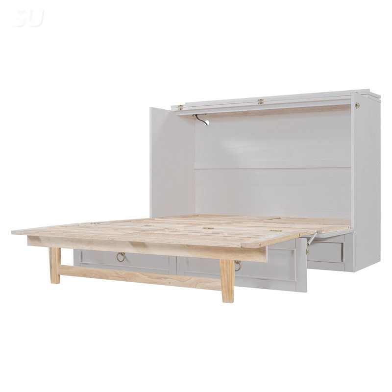 Lit escamotable double avec grands tiroirs, Lit double, Blanc