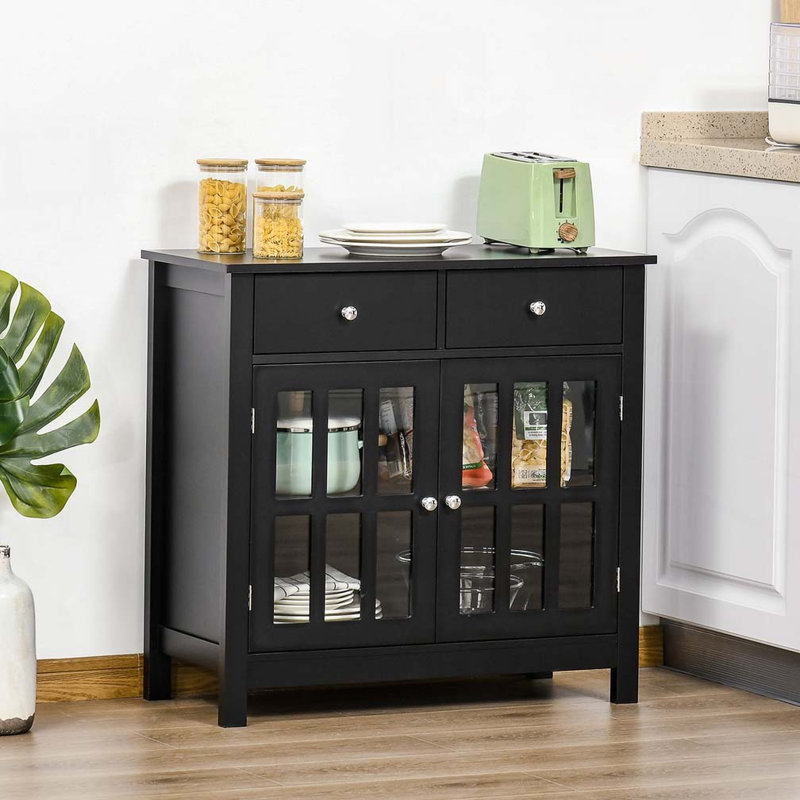 Buffet avec portes en verre, tablette réglable et 2 tiroirs pour la cuisine