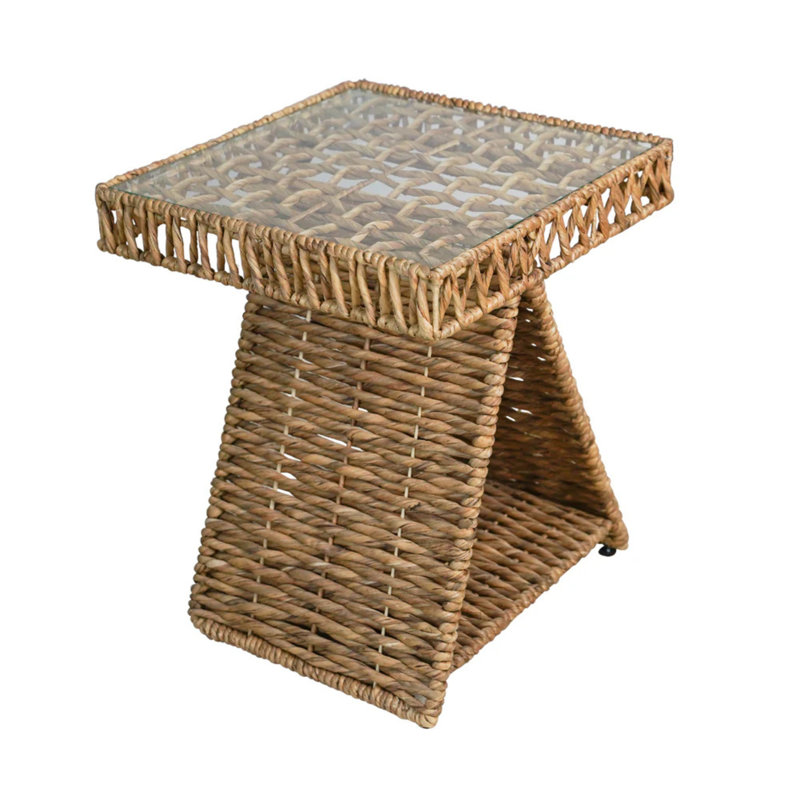 Table de bout géométrique en jacinthe d'eau tissée avec plateau et tablette en verre trempé