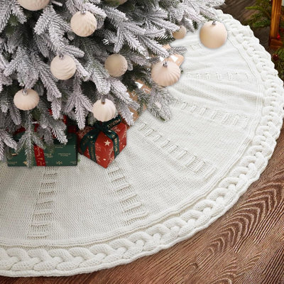 White Chunky Cable Knit Christmas Tree Skirt – Thick Rustic Farmhouse Tree Base Decor for Holiday Home & Party