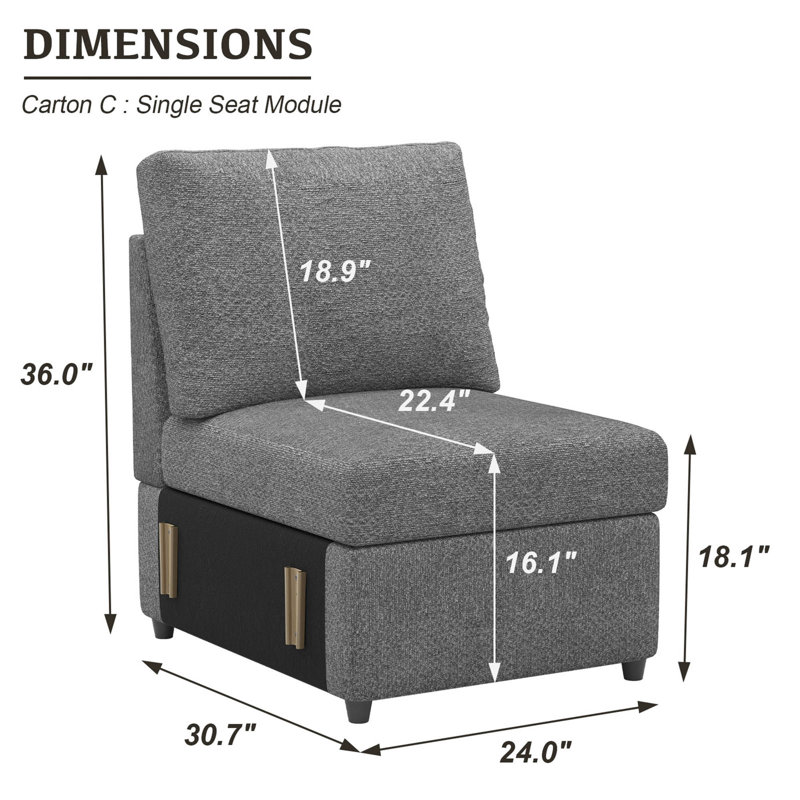 Rafael Armless Chair Single Seat Module For Modular Sectional Sofa, Light Grey Chenille