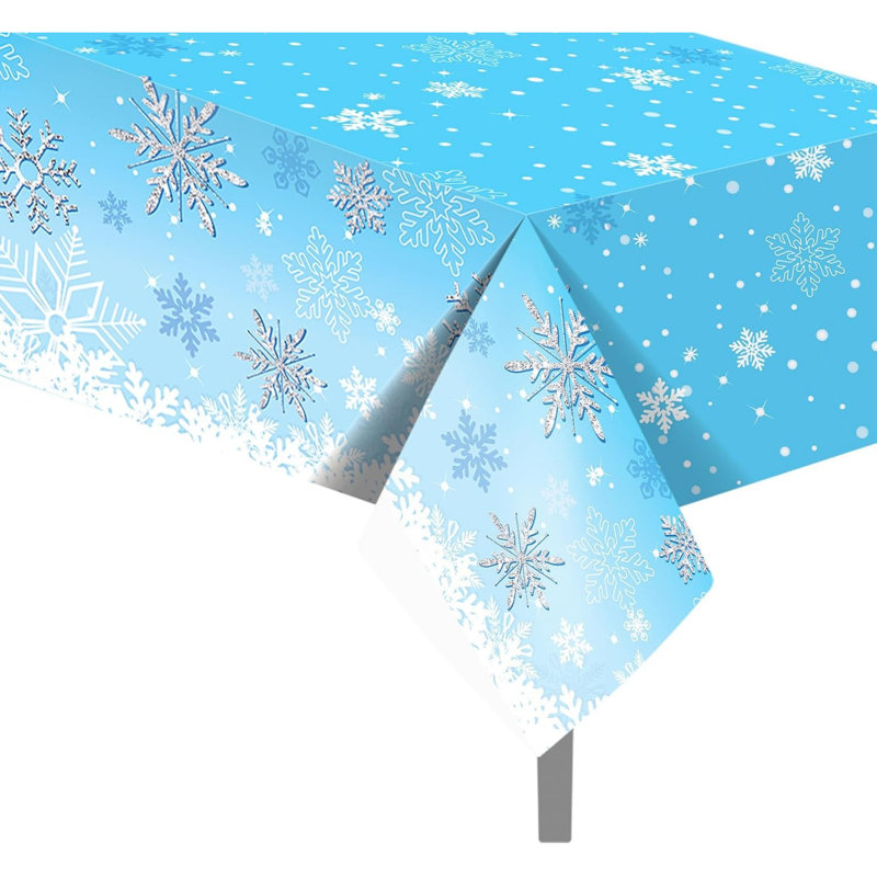 2PCS Christmas Tablecloth - 130*220cm Blue Snowflake Rectangle Table Cover - Disposable Plastic for Xmas Party, Winter Holiday Frozen Decoration