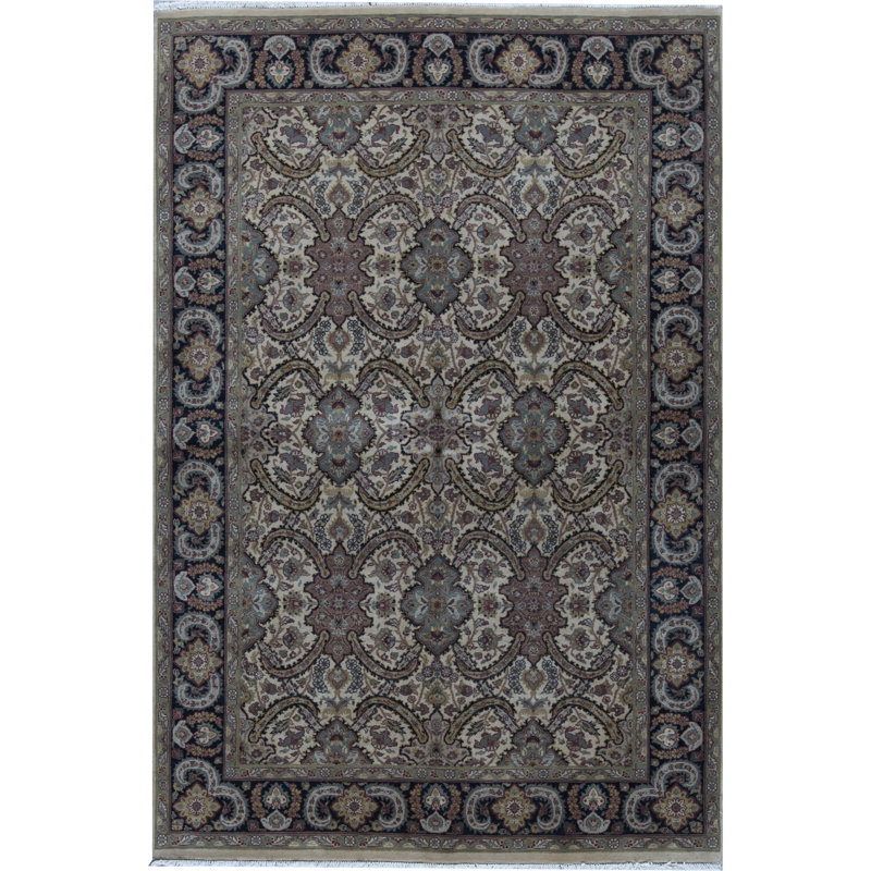 Tapis crème et noir noué à la main de haute qualité