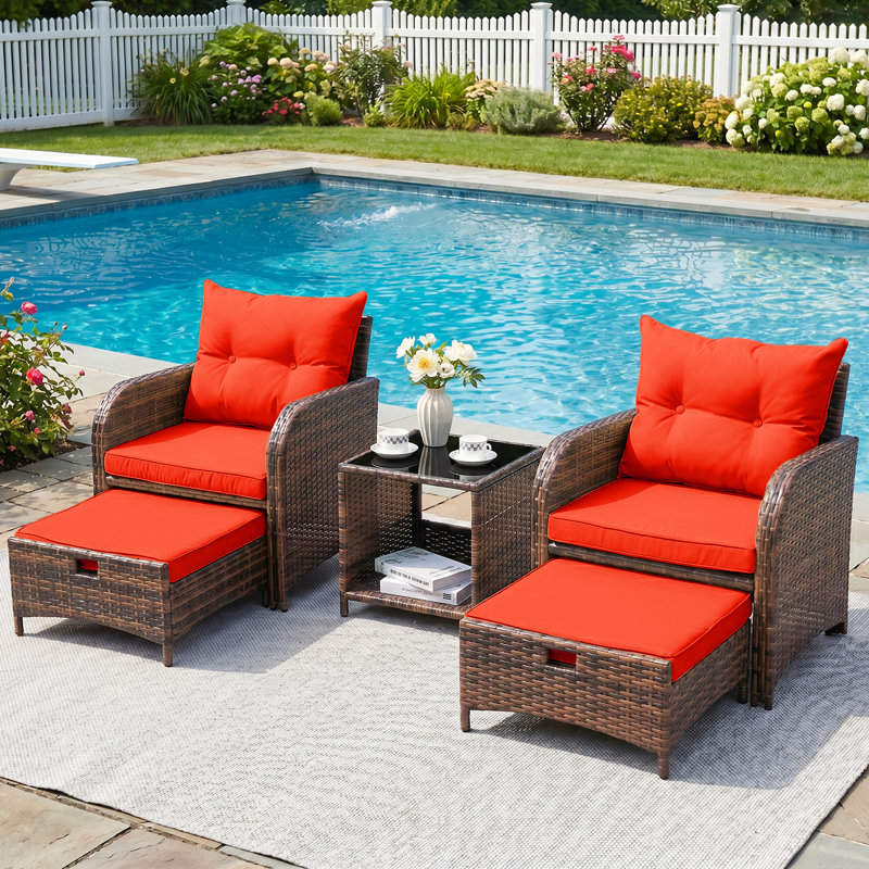 Constantino 2-Person Outdoor All-Weather Wicker Conversation Set with Ottomans and Tempered Glass Coffee Table